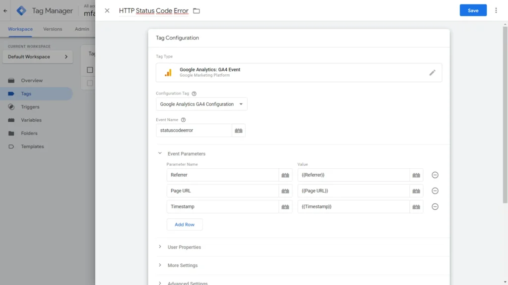 HTTP Status Code Error Event Tag